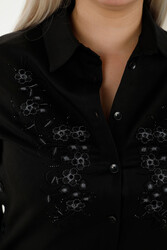 مصنوع من قماش قطن ليكرا - قميص - مطرز بالزهور - مطرز بالحجر - ملابس نسائية - 20395 | نسيج حقيقي - Thumbnail