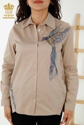 قميص مصنوع من نسيج قطن ليكرا - نمط طائر - ملابس نسائية مطرزة بأحجار ملونة - 20229 | نسيج حقيقي - Thumbnail