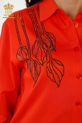قميص مصنوع من نسيج قطن ليكرا مطرز بالزهور من حجر الكريستال للنساء - 20297 | نسيج حقيقي - Thumbnail