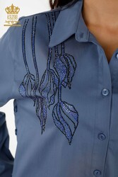 قميص مصنوع من نسيج قطن ليكرا مطرز بالزهور من حجر الكريستال للنساء - 20297 | نسيج حقيقي - Thumbnail