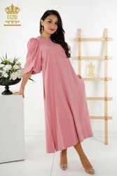 فستان مُنتج بأكمام بالون من نسيج قطن ليكرا للنساء - 20329 | نسيج حقيقي - Thumbnail