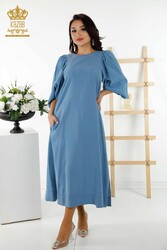 فستان مُنتج بأكمام بالون من نسيج قطن ليكرا للنساء - 20329 | نسيج حقيقي - Thumbnail