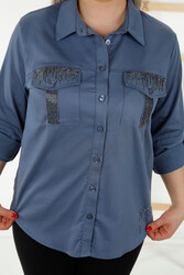 مصنوع من قماش قطن ليكرا - قميص - مطرز بأحجار الكريستال - جيوب - ملابس نسائية - 20239 | نسيج حقيقي - Thumbnail