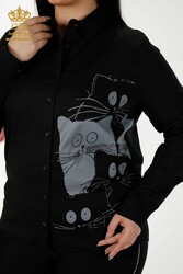مصنوع من قماش قطني ليكرا - قميص - نمط قطة - مطرز بالحجر - ملابس نسائية - 20318 | نسيج حقيقي - Thumbnail