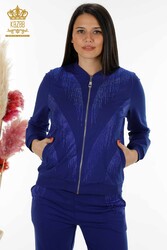 Tracksuit Produced From Scuba and Two Threads, Pockets, Crystal Stone Embroidered Zippered Women's Clothing - 17496 | Real Textile - Thumbnail