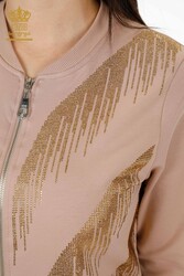 Tracksuit Produced From Scuba and Two Threads, Pockets, Crystal Stone Embroidered Zippered Women's Clothing - 17496 | Real Textile - Thumbnail