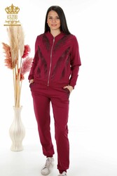 Tracksuit Produced From Scuba and Two Threads, Pockets, Crystal Stone Embroidered Zippered Women's Clothing - 17496 | Real Textile - Thumbnail