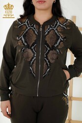 Made of Scuba and Two Threads - Tracksuit - Leopard - Stone Embroidered - Pockets - Women's Clothing Manufacturer - 17530 | Real Textile - Thumbnail