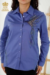 Shirt Made of Cotton Lycra Fabric - Bird Pattern - Colorful Stone Embroidered Women's Clothing - 20229 | Real Textile - Thumbnail