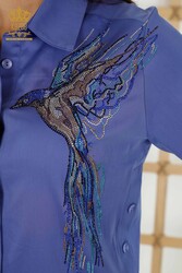 Shirt Made of Cotton Lycra Fabric - Bird Pattern - Colorful Stone Embroidered Women's Clothing - 20229 | Real Textile - Thumbnail