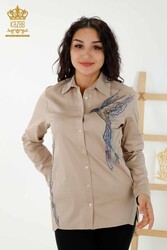Shirt Made of Cotton Lycra Fabric - Bird Pattern - Colorful Stone Embroidered Women's Clothing - 20229 | Real Textile - Thumbnail
