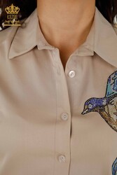 Shirt Made of Cotton Lycra Fabric - Bird Pattern - Colorful Stone Embroidered Women's Clothing - 20229 | Real Textile - Thumbnail