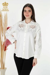 Chemises en tissu de coton lycra avec broderie de fleurs Fabricant de vêtements pour femmes - 20253 | Vrai textile - Thumbnail